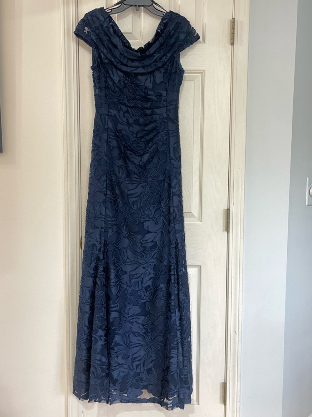 Tahari ASL Navy Floral Embroidered Cowl Neck Maxi Dress